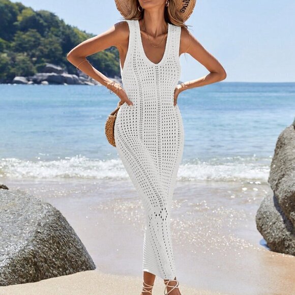White Sexy Women's Casual Hollow Out Knit Sleeveless Sweater Maxi Dress - Picture 4 of 5